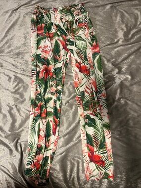 Tropical Floral Drawstring Joggers in White, Green & Red